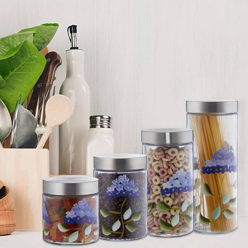 Bocaux En Verre Lot De 4 Motif Floral 2 Bocaux En Verre Lot De 4 Motif Floral – Image 2